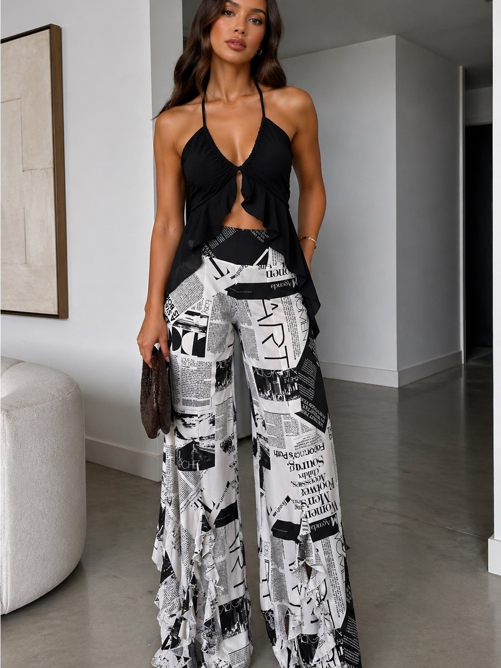 Women’s Black Halter Top & Black-White Print Wide-Leg Pants Set